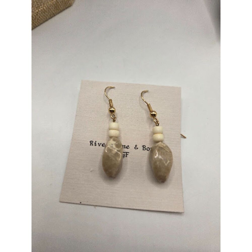 1890. Artisan Earth-Tone Riverstone Dangle Earrings – 14k Gold Filled